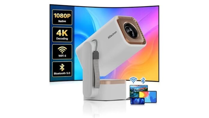 XElectron Techno Plus Android 14 Smart Home Projector displaying a large screen movie experience.