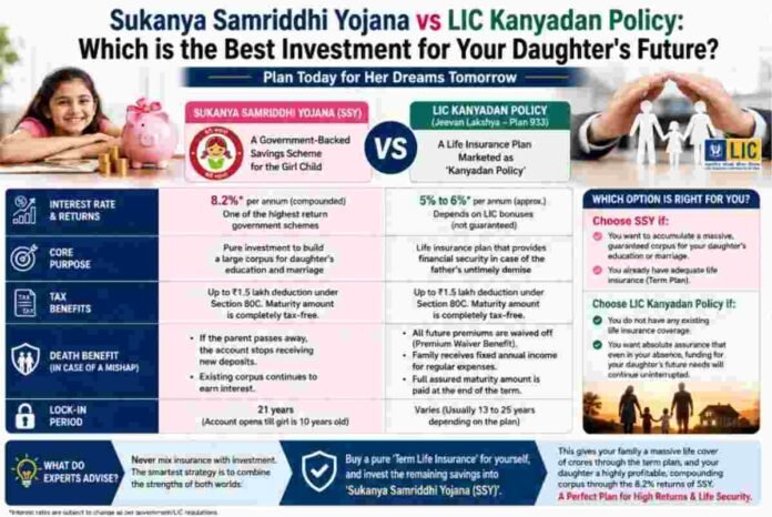 Sukanya Samriddhi Yojana vs LIC Kanyadan Policy, SSY vs LIC Kanyadan, Best investment for girl child in India, LIC Jeevan Lakshya Plan 933, SSY interest rate 2026, LIC policy for daughter's marriage, Girl child tax saving schemes, Sukanya Samriddhi Yojana benefits, Term insurance and SSY strategy, Difference between SSY and LIC