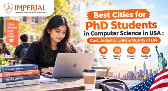 Computer science PhD students analyzing code and research data in a modern university lab in the USA