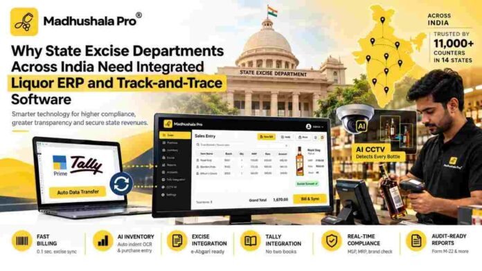 Integrated liquor ERP dashboard showing retail POS billing, track and trace data, and state excise compliance reporting